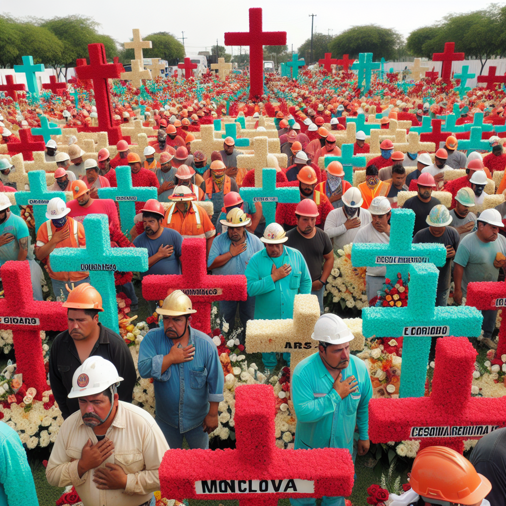 Trabajadores de AHMSA exigen justicia y mejores condiciones laborales con un conmovedor homenaje en Monclova: 33 cruces por compañeros fallecidos.